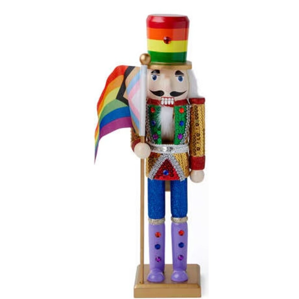 Wooden Christmas Nutcracker, 15", LGBT,RAINBOW WHITE SOLDIER WITH PRIDE FLAG,P&T